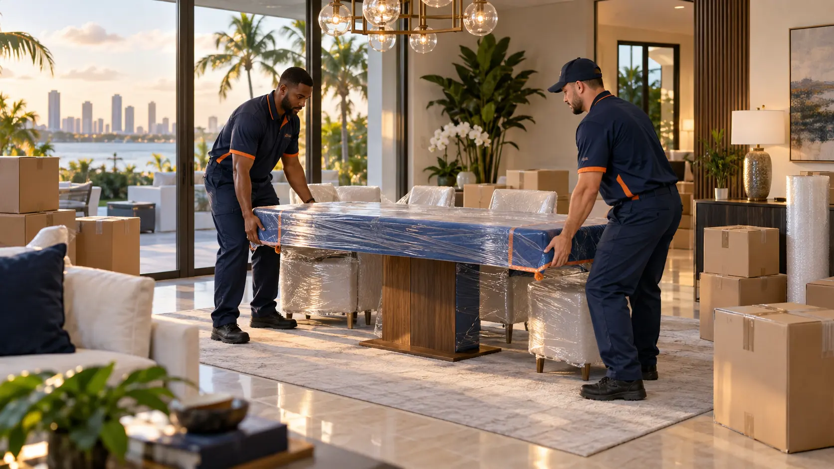 Moving companies in Miami, Florida placing furniture in a condo living room
