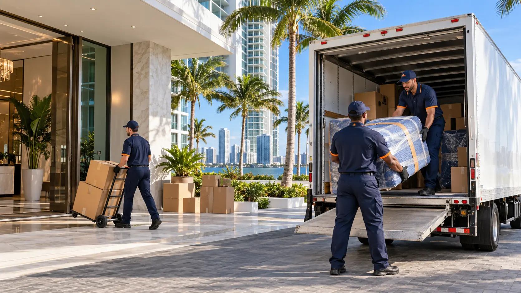 Miami moving company crew loading a truck outside a high-rise building
