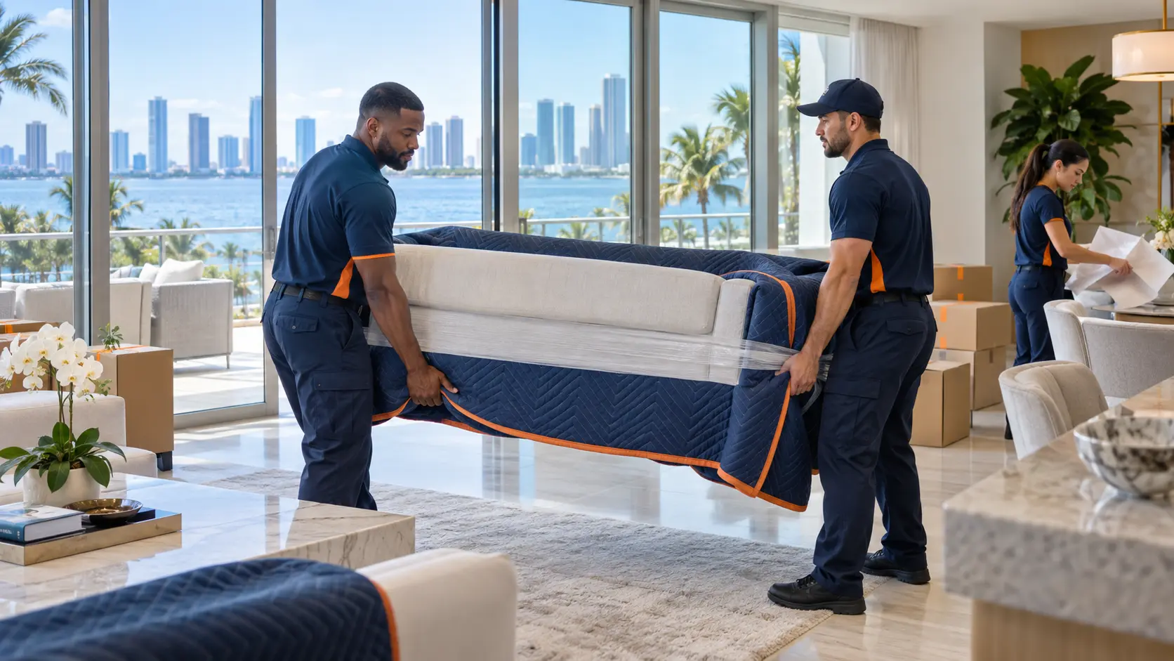 Movers handling furniture on a Miami moving quote job