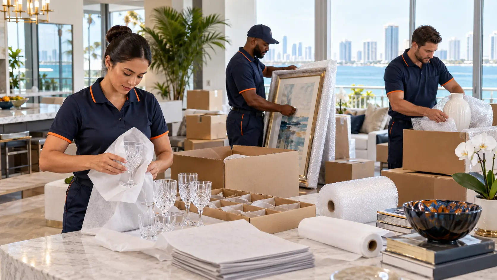 Miami moving company crew wrapping and packing fragile items