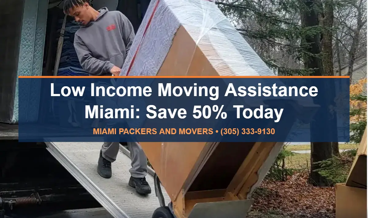 Low income moving assistance Miami - JM Moving mover rolling wrapped furniture on a dolly