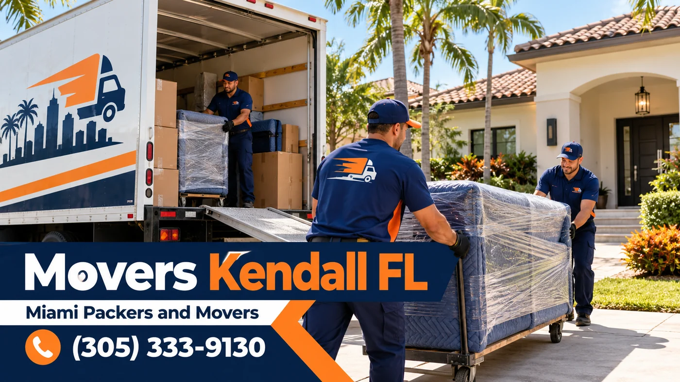 Branded illustration of wrapped furniture beside a moving truck in Kendall